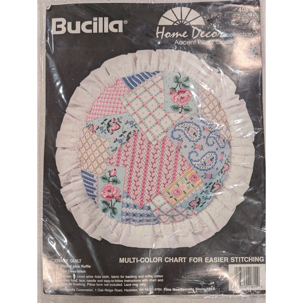 Bucilla Crazy Quilt 14 Inch Round Accent Pillow Cross Stitch 40814 Home Decor